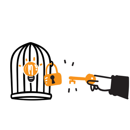 hand drawn doodle trying to release light bulb idea under lock illustrationのイラスト素材