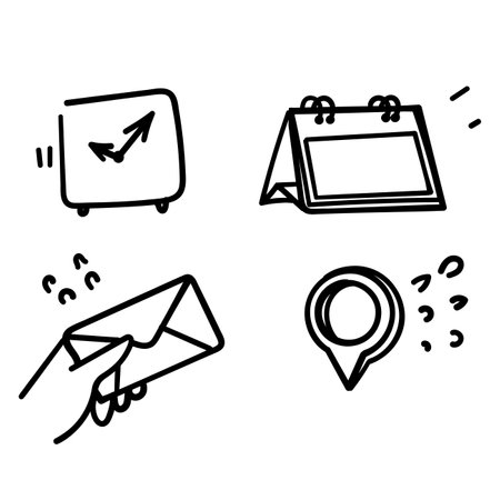 hand drawn doodle time calendar and location illustration vectorのイラスト素材