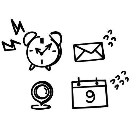 hand drawn doodle time calendar and location illustration vectorのイラスト素材