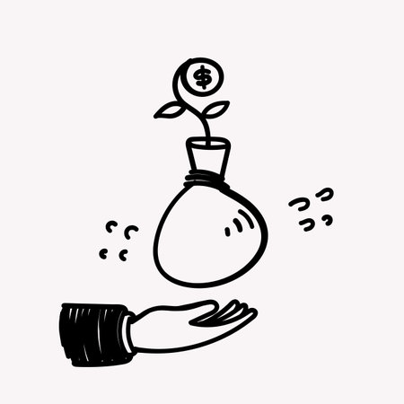 hand drawn doodle hand holding money plantのイラスト素材