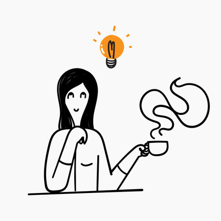 hand drawn doodle girl hold coffee with idea illustration vectorのイラスト素材