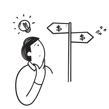 hand drawn doodle person looking at direction board with money symbolsのイラスト素材