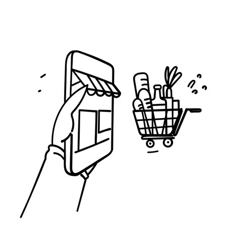 hand drawn doodle buying groceries from mobile iconのイラスト素材