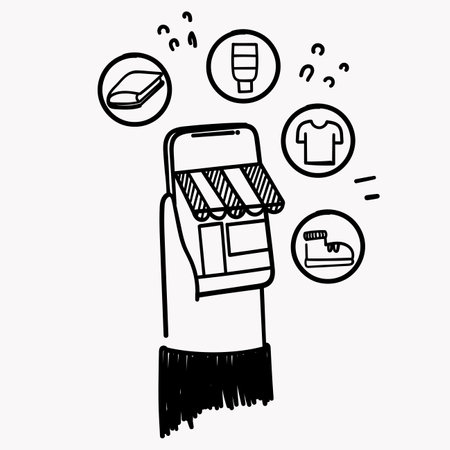 hand drawn doodle mobile store shopping illustration vectorのイラスト素材