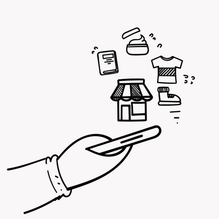 hand drawn doodle mobile store shopping illustration vectorのイラスト素材