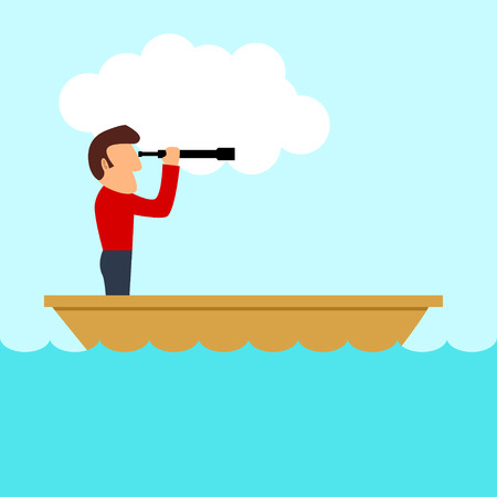 Simple cartoon of a man on a boat using telescopeのイラスト素材