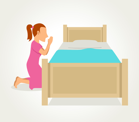 Simple cartoon of a girl praying beside her bedのイラスト素材