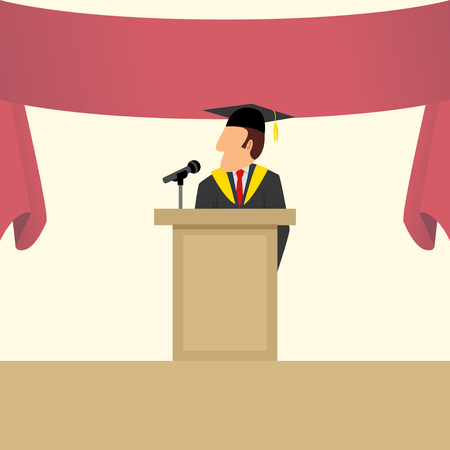 Simple cartoon of a man in graduation gown giving a speech on podium.のイラスト素材