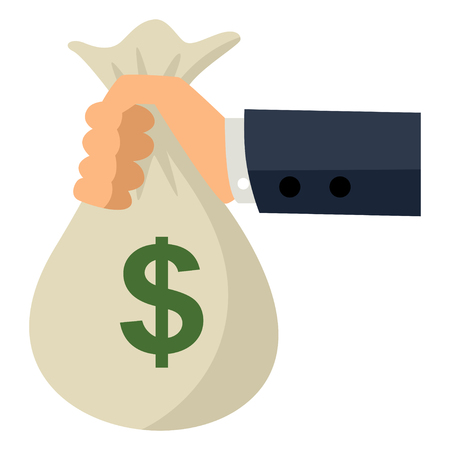 Simple cartoon of a male hand holding a bag of money. Payment, rewards, earnings concept and ideasのイラスト素材