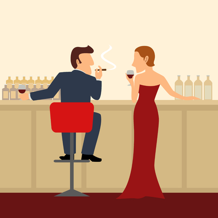 Simple cartoon of a man and woman at the barのイラスト素材