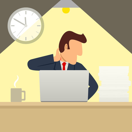 Simple cartoon of a businessman working overtime with a lap top and got a stiff neckのイラスト素材