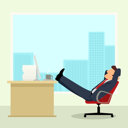 Simple cartoon of a businessman relaxing, sitting in the officeのイラスト素材