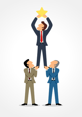 Simple cartoon of three businessmen help each other to reach the star, for success, teamwork, dream team conceptのイラスト素材