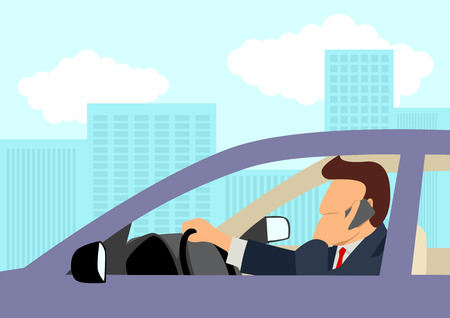 Simple cartoon of a businessman using cellular phone while driving a carのイラスト素材