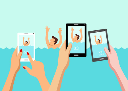 Simple cartoon of people taking photo of drowning man, concept for ignorance, social media effectのイラスト素材