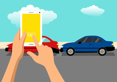 Simple cartoon of hand ready to call using a cellular phone after car accidentのイラスト素材