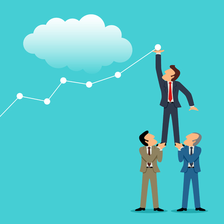 Simple cartoon of three businessmen helping each other to increase the graphic chart, for success, teamwork, dream team conceptのイラスト素材