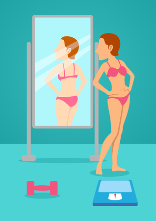 Simple cartoon of a slim woman looking herself in standing mirror as she checks of her body after exercise. Diet, overweight conceptのイラスト素材