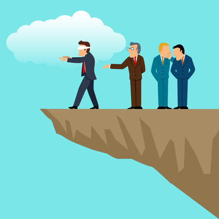 Simple cartoon of businessmen direct their blindfolded friend to the ravine, business, conspiracy, competition, competitor, conceptのイラスト素材