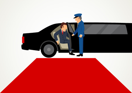 Simple cartoon of businessman getting out from limousine in front of the red carpet, business, success, vip conceptのイラスト素材