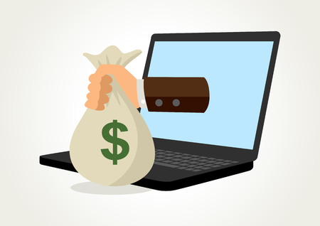 Simple cartoon of a hand holding money bag comes out from computer lap top screen, online, business conceptのイラスト素材