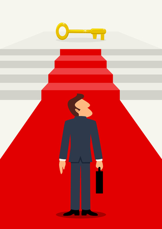 Simple cartoon of businessman on the red carpet leading to the golden key, business success, determination, achievement conceptのイラスト素材