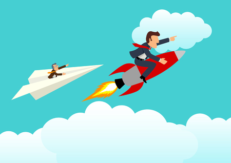 Simple cartoon of young businessman on a rocket racing with older businessman on paper plane, unfair, competition, innovative conceptのイラスト素材