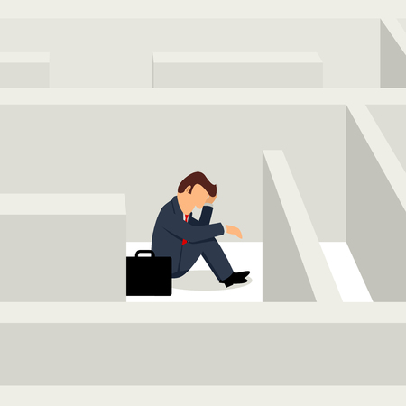 Simple cartoon of businessman sitting frustratedly in the maze, business, confuse, stress conceptのイラスト素材