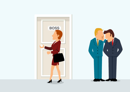 Simple cartoon of two businessmen whispering when their boss passing, business intrigue, conspiracy, gossip, new boss, gender issue conceptのイラスト素材