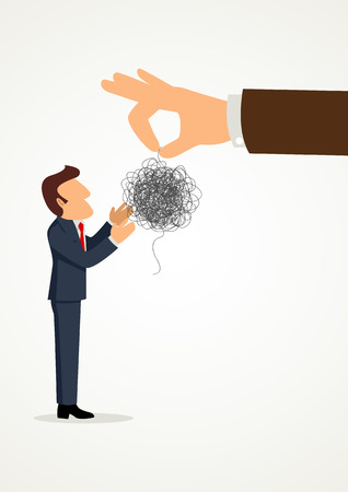 Simple cartoon of a hand giving tangled threads to a businessman, business, difficult task, challenge, problem solving conceptのイラスト素材