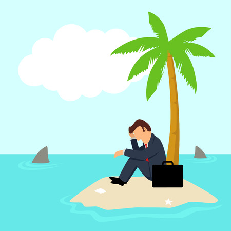 Simple cartoon of a businessman get stuck on island with water full of shark, business, financial crisis, frustration, cast away conceptのイラスト素材