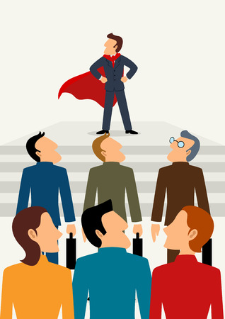Simple cartoon of superhero businessman standing in front of his team, business, promotion, leader, leadership conceptのイラスト素材