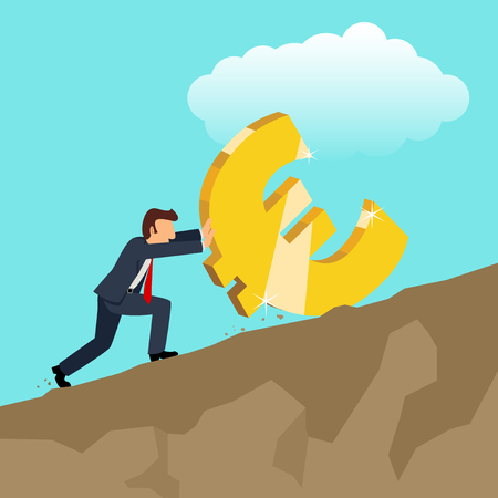 Simple cartoon of businessman pushing golden euro currency symbolのイラスト素材
