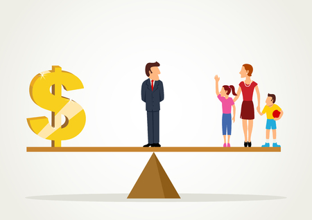 Simple cartoon of a man standing on a scale between dollar symbol and his family, business, balance between career and family conceptのイラスト素材