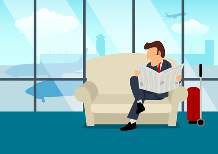 Simple cartoon of a businessman waiting his flight at the airport, business travel, executive, transportation conceptのイラスト素材