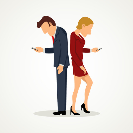 Simple cartoon of a man and woman standing back to back and using their smart phones while ignoring each otherのイラスト素材