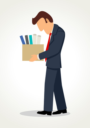 Simple cartoon of a sad businessman bringing personal items in box, get fired conceptのイラスト素材
