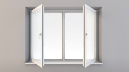 double-leaf opened window on a white wall. aerial illustration for brochures, web design. 3d renderingの写真素材