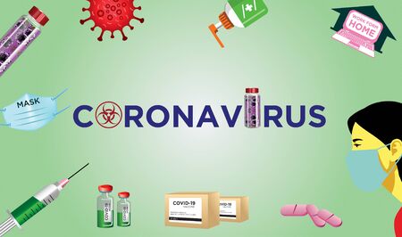 Infographics, symbol of coronavirus COVID-2019 on a futuristic background. Deadly type of virus 2019-nCoV. Illustration of coronavirus with vaccine, virus, syringe, medicine and human face.の写真素材