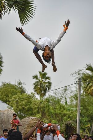 Chakta, West Bengal, India - April 17, 2019; Raibenshe, alternatively Raibeshe, is a genre of Indian folk martial dance performed by male only. This genre of dance was once very popular in West Bengal. Presently, it is performed mostly in Birbhum, Bardhamのeditorial素材