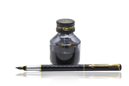 Old fashioned hand writing equipment, Ink pot and fountain penの写真素材