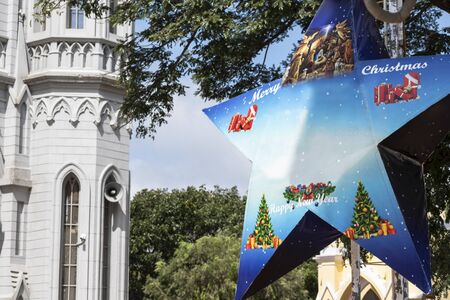 Photo of a Christmas star hanging with tree trunks near St. Philomena's Cathedral, Mysore, India. Merry Christmasの写真素材