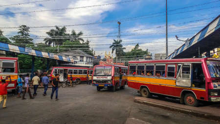 Asansol, West Bengal, India - August 4, 2019; Bus commuters wait for the bus at a bus stop in the Asansol city of India.のeditorial素材