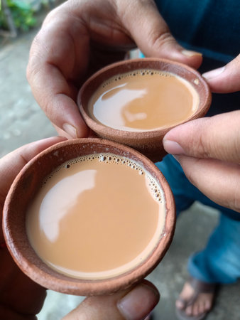 Two hands holding warm cups of chai in rustic clay kulhads, sharing a simple moment of comfort and connection. The earthy tones, gentle steam, and closeness capture the soul of a cozy, heartfelt tea break.の写真素材