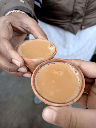 Two hands holding warm cups of chai in rustic clay kulhads, sharing a simple moment of comfort and connection. The earthy tones, gentle steam, and closeness capture the soul of a cozy, heartfelt tea break.の写真素材