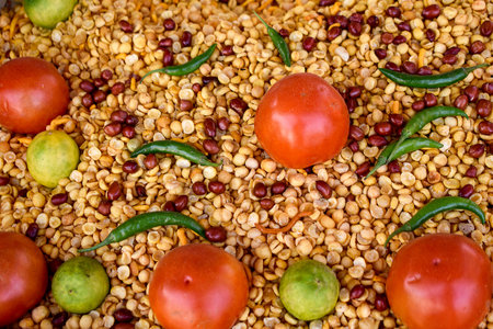This image features a colorful mix of Indian snacks, including roasted chickpeas and peanuts, topped...