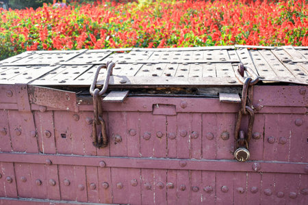 The image features a vintage iron chest along a garden path, surrounded by flowers. Its rustic maroon colour and sturdy handles suggest stories of forgotten treasures, blending history with nature.の写真素材