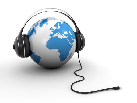 world globe with headphonesの写真素材