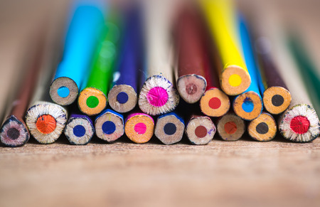 Close up of colorful crayons on the tableの写真素材
