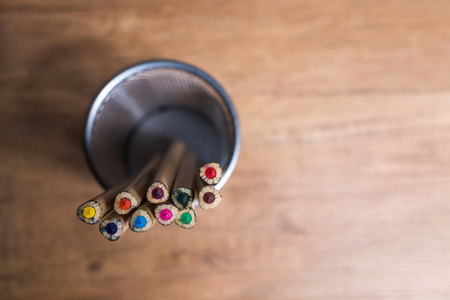 Crayons in the metal holderの写真素材